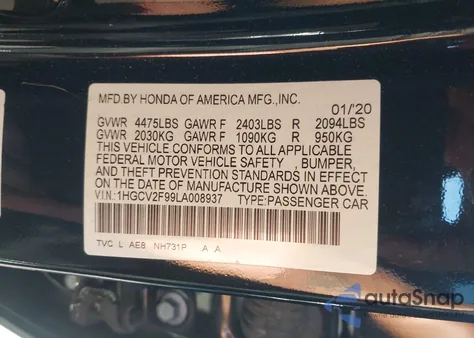2020 Honda Accord Touring from USA, damaged, VIN 1HGCV2F99LA008937